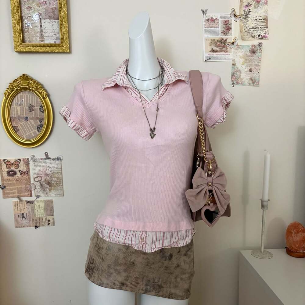 Justice Y2K Pink Layered Striped Polo Baby Tee Shirt Girls Large L 14 Fits Women